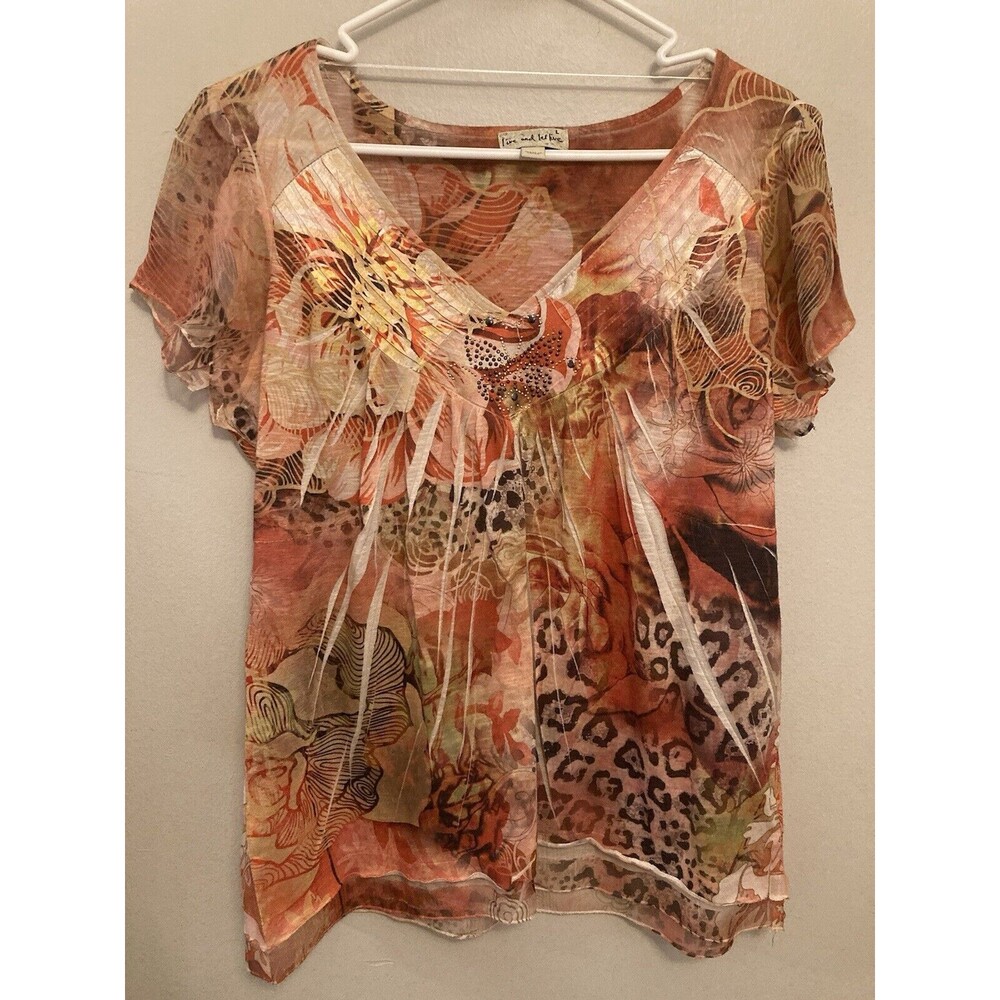 Live & Let Live Women’s Top Orange Rhinestone BOHO Floral Short Sleeve Large